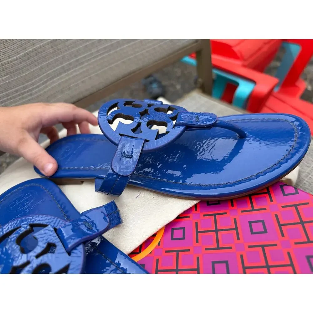 Tory Burch Miller Naplak Patent Leather Sandal Nautical Blue Thong Flat 6.5